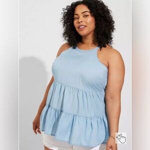 Chambray Halter Neck Tiered Sleeveless Top, Size 5X (28)